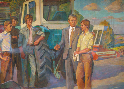 Oil painting by Kozik Viktor Georgievich: workers by blue tractor