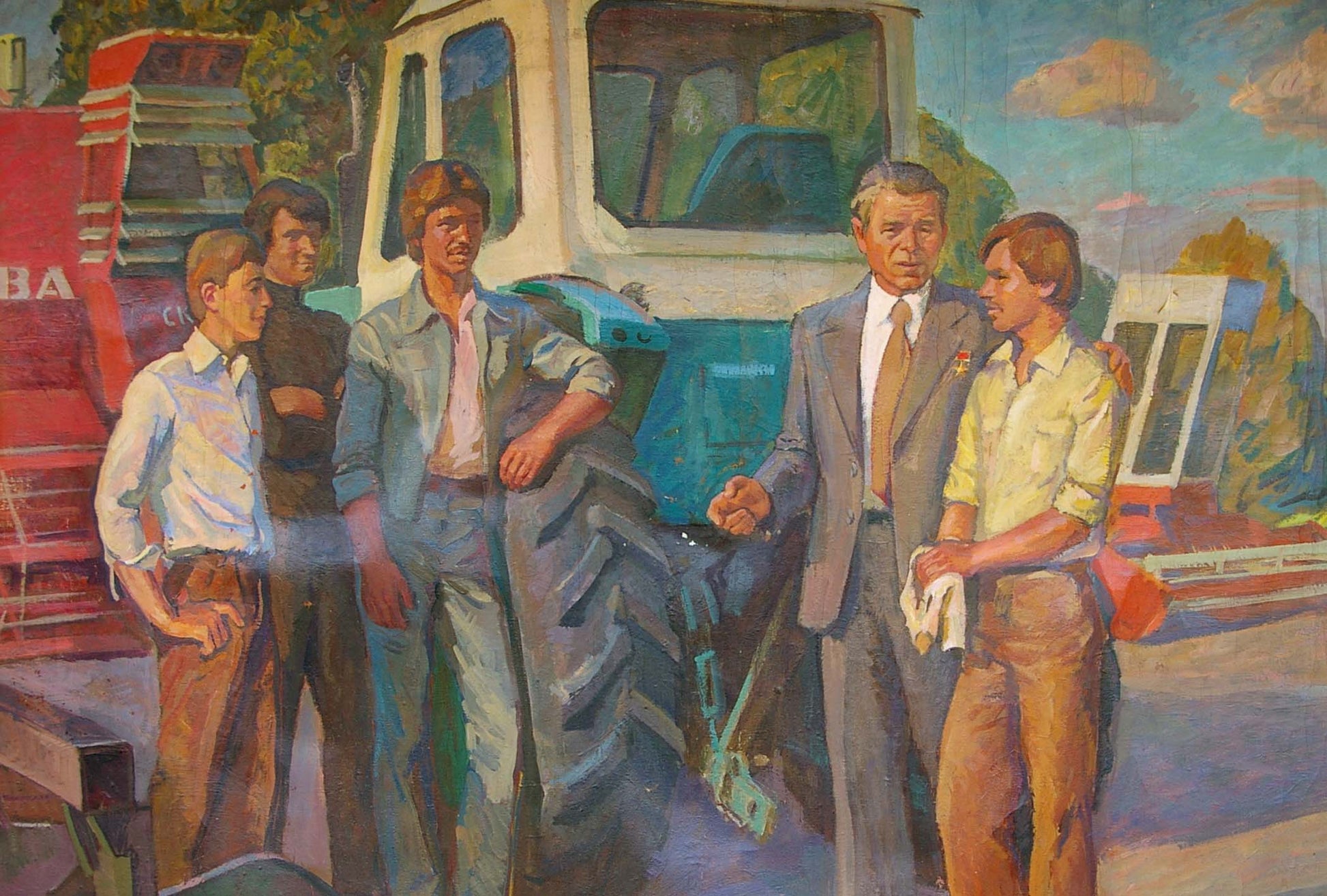 Oil painting by Kozik Viktor Georgievich: workers near red tractor