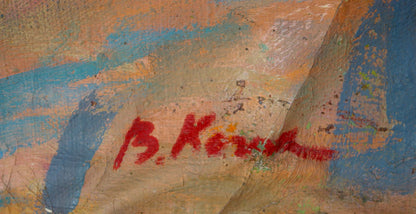 Red painted signature b on back of oil painting Workers by Kozik Viktor Georgievich