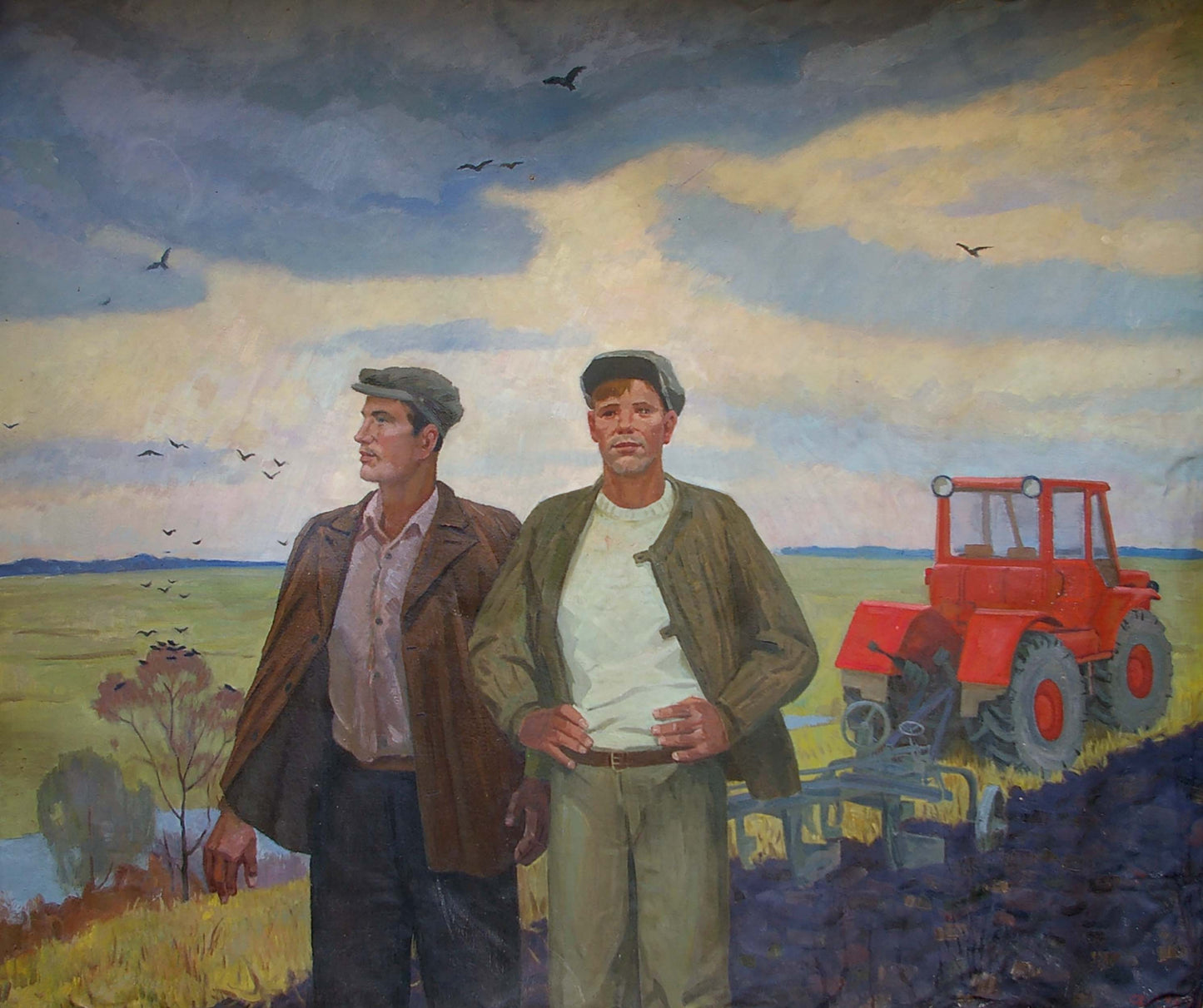 Red tractor with black tires and silver headlights in oil painting by Khokhlov Fedor Ivanovich