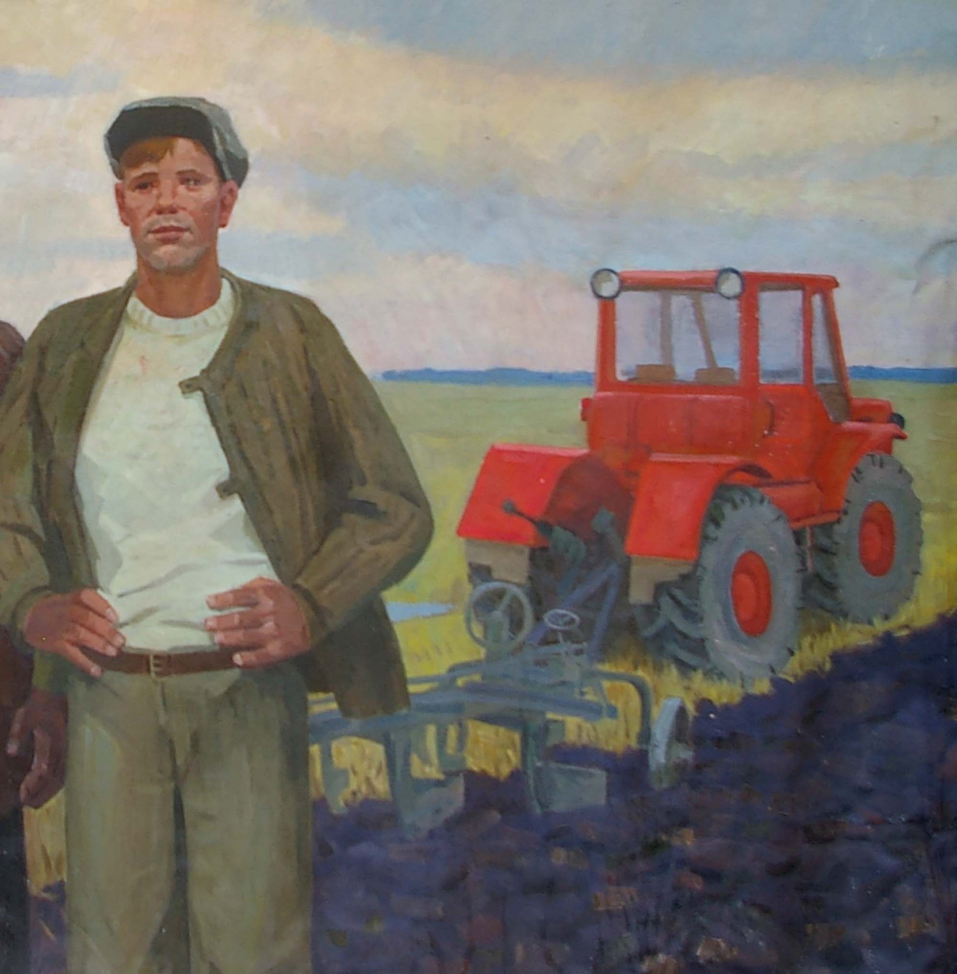 Red tractor with large wheels by Khokhlov Fedor Ivanovich oil painting