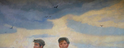 Oil painting by Khokhlov Fedor Ivanovich: boys in caps and birds in sky