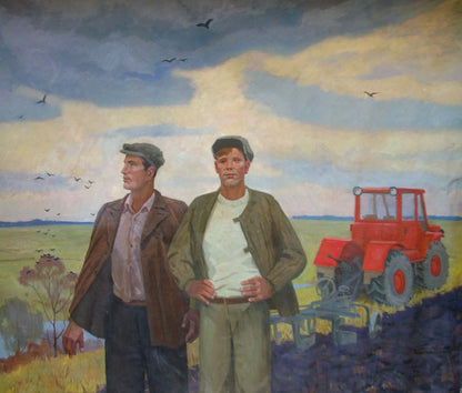 Red tractor with black tires and silver headlights by Khokhlov Fedor Ivanovich