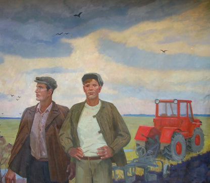 Oil painting by Khokhlov Fedor Ivanovich: red tractor with gray wheels