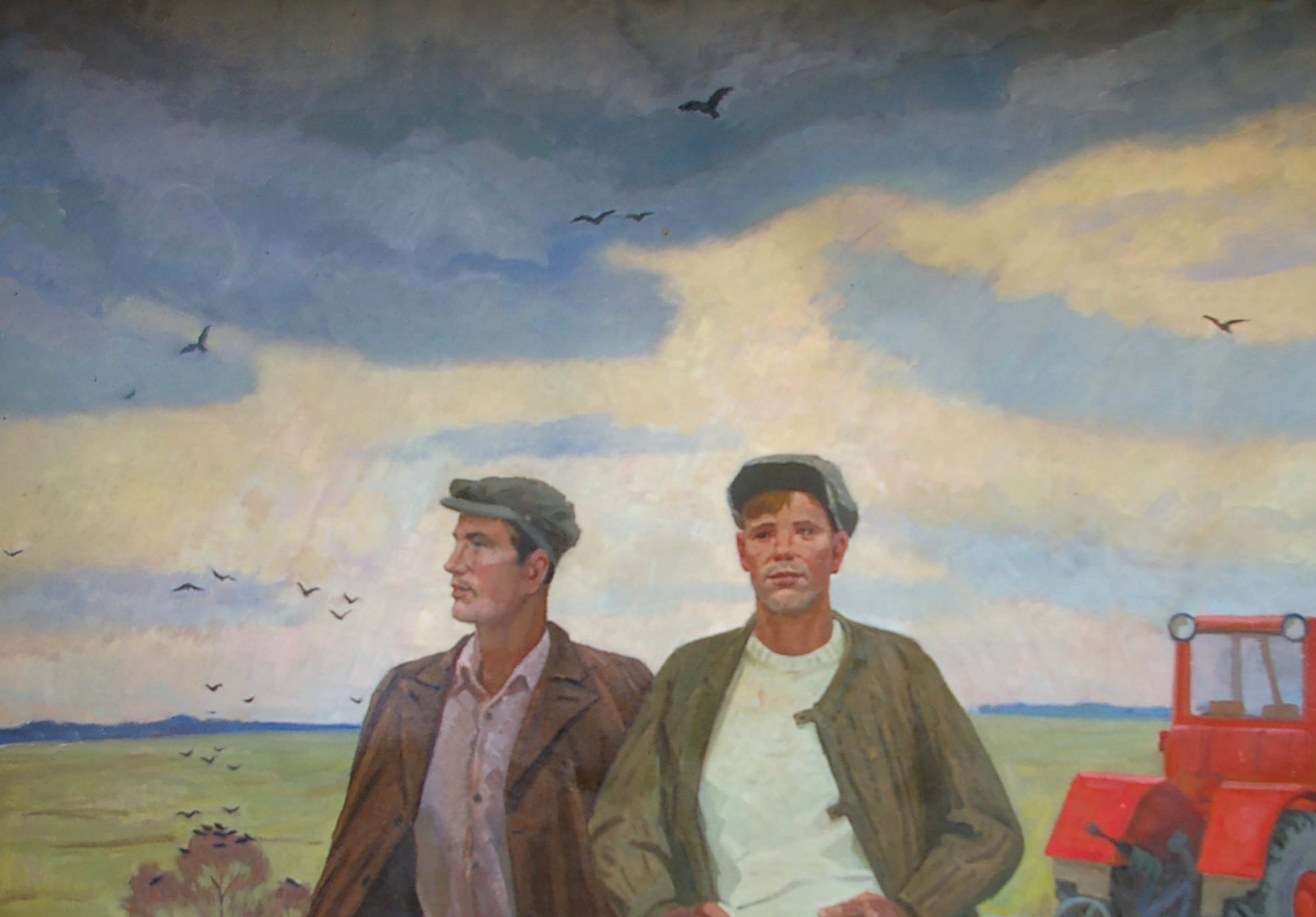 Vibrant red tractor oil painting by Khokhlov Fedor Ivanovich