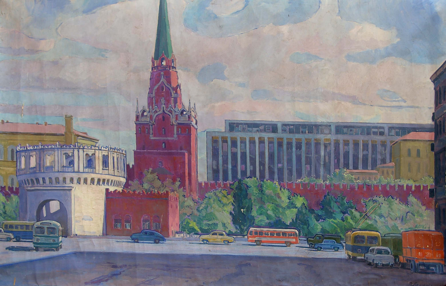 Oil painting of Red Square by Strelnikov Vladimir Vladimirovich: red brick tower with green spire
