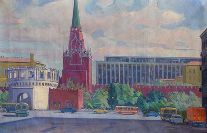 Oil painting of Red Square by Strelnikov Vladimir Vladimirovich: red brick tower with green spire