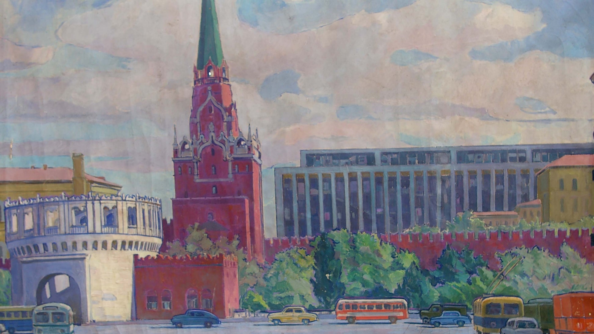Oil painting of Red Square by Strelnikov Vladimir Vladimirovich, red brick tower with green spire