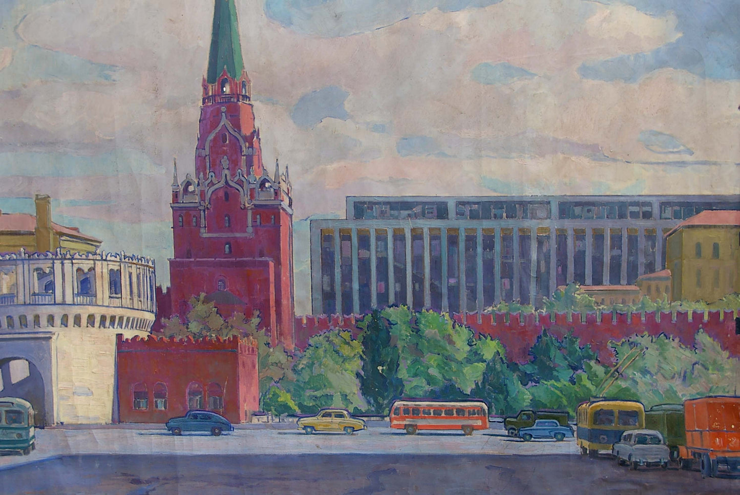Oil painting of Red Square by Strelnikov Vladimir Vladimirovich: red brick tower with green spire