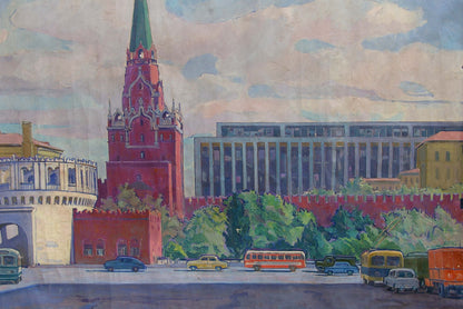 Oil painting of Red Square by Strelnikov Vladimir Vladimirovich: red brick tower with green spire