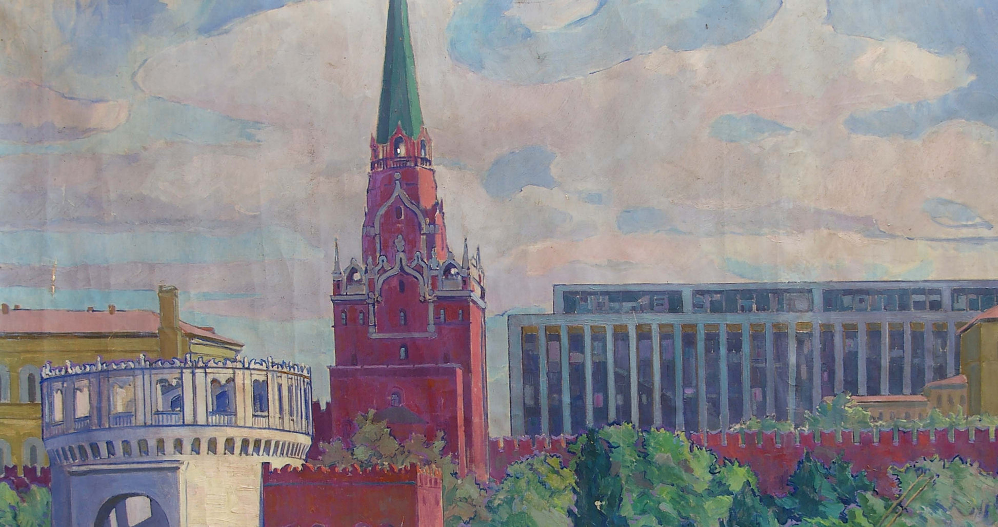 Oil painting of Red Square by Strelnikov Vladimir Vladimirovich, red brick tower with green spire