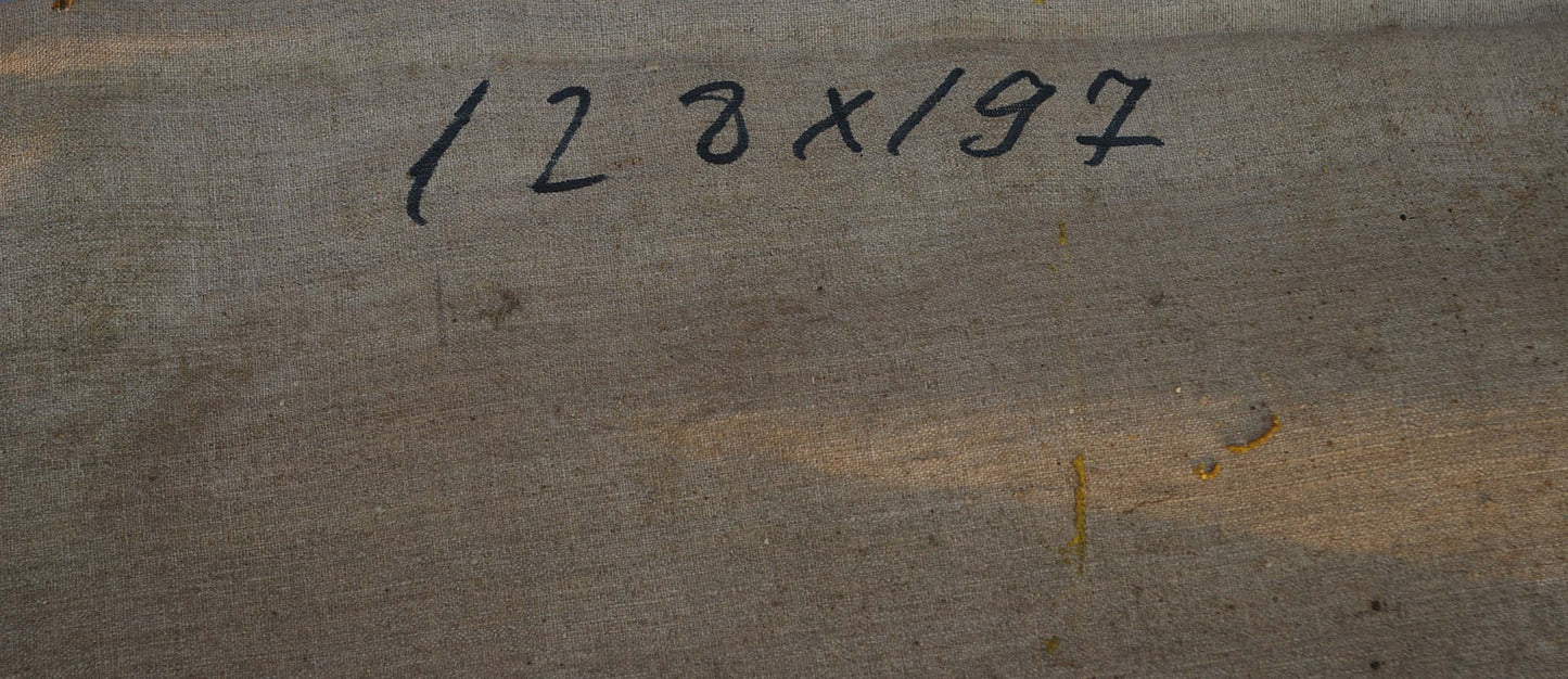 Back of Oil painting Red Square Strelnikov Vladimir Vladimirovich with 128x/97 inscription on gray fabric