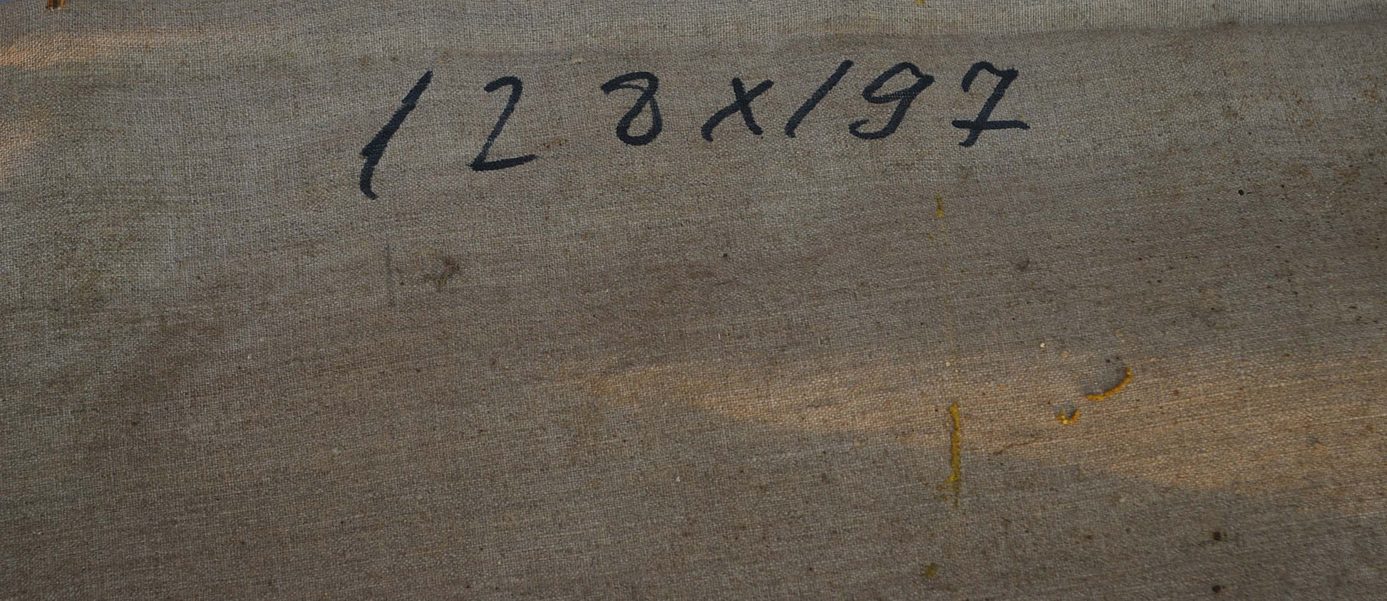 Back of Oil painting Red Square Strelnikov Vladimir Vladimirovich with 128x/97 inscription on gray fabric