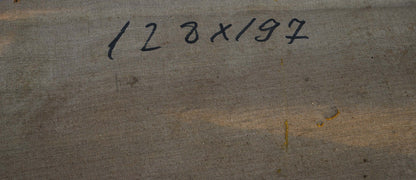Back of Oil painting Red Square Strelnikov Vladimir Vladimirovich with 128x/97 inscription on gray fabric