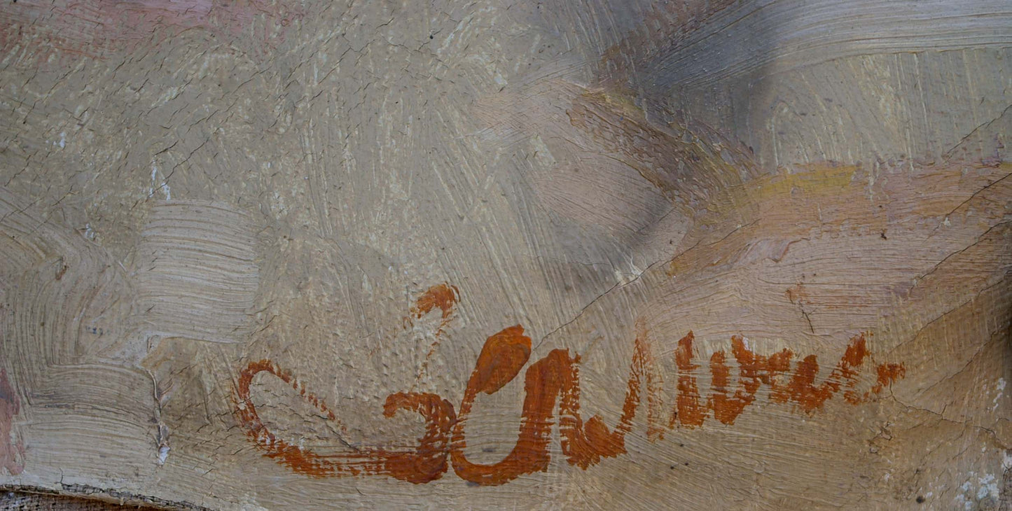 Orange cursive signature on back of Vatutin oil painting by Zoya Samoylenko