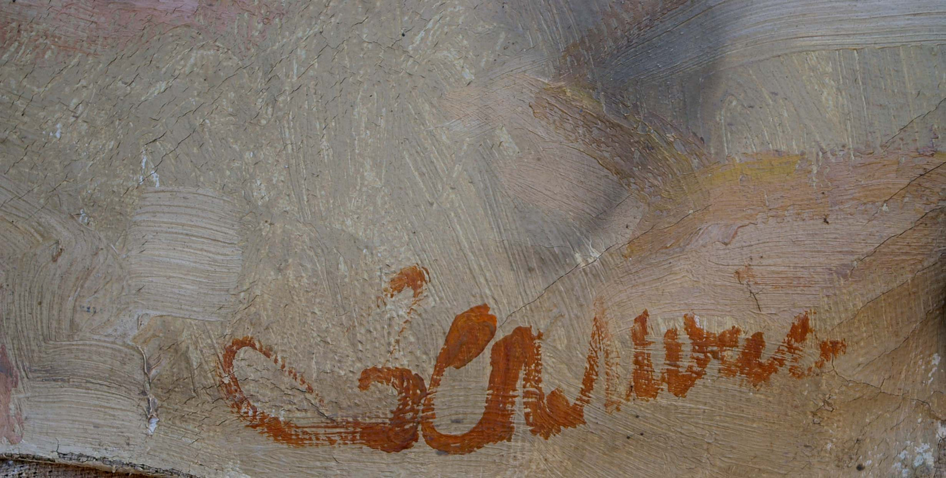 Orange cursive signature on back of Vatutin oil painting by Zoya Samoylenko