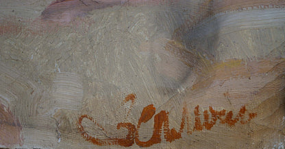 Orange cursive signature on textured canvas back of Vatutin oil painting