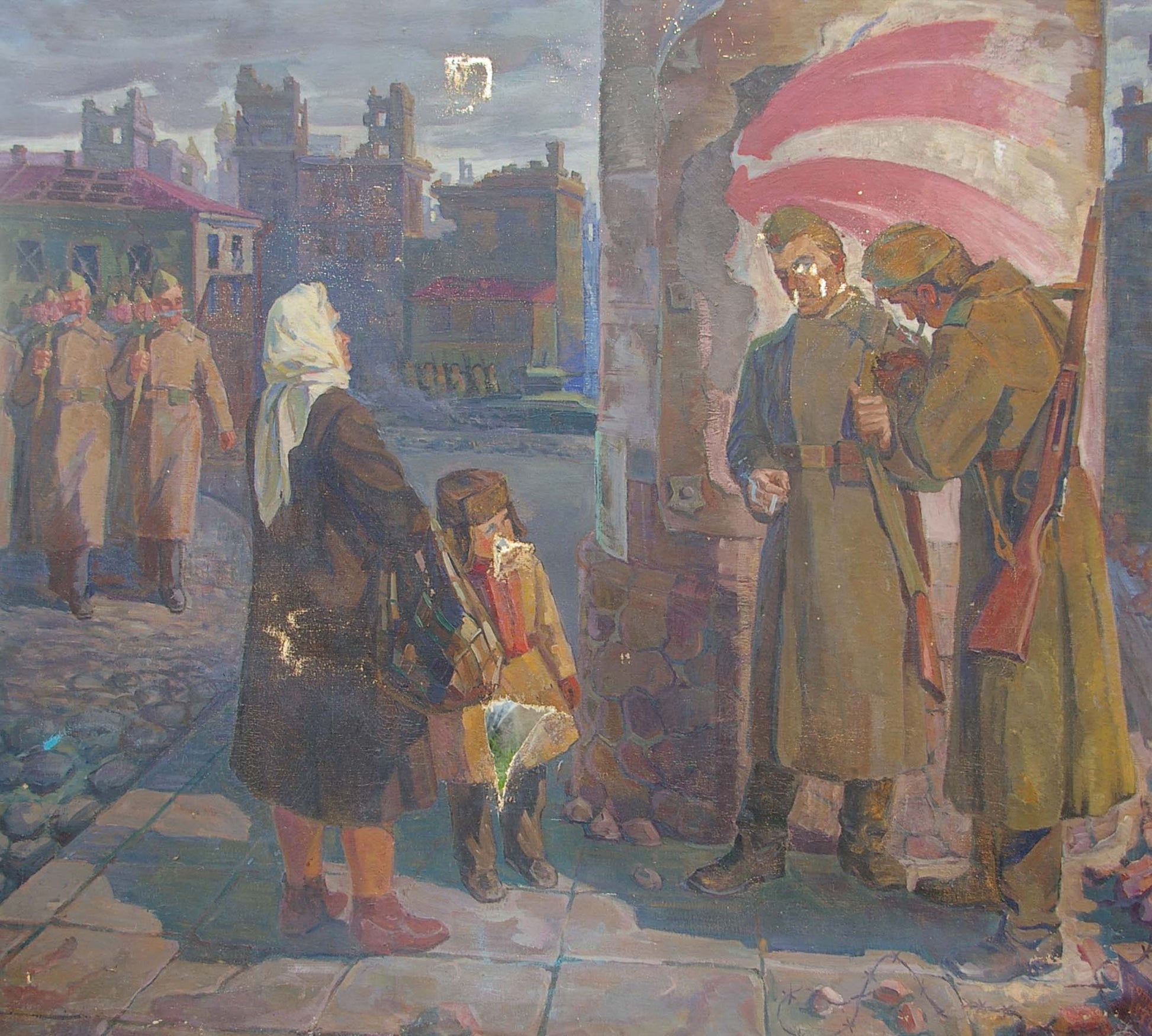 Weathered oil painting by Bondar Ivan Ivanovich: soldiers and civilians under broken archway