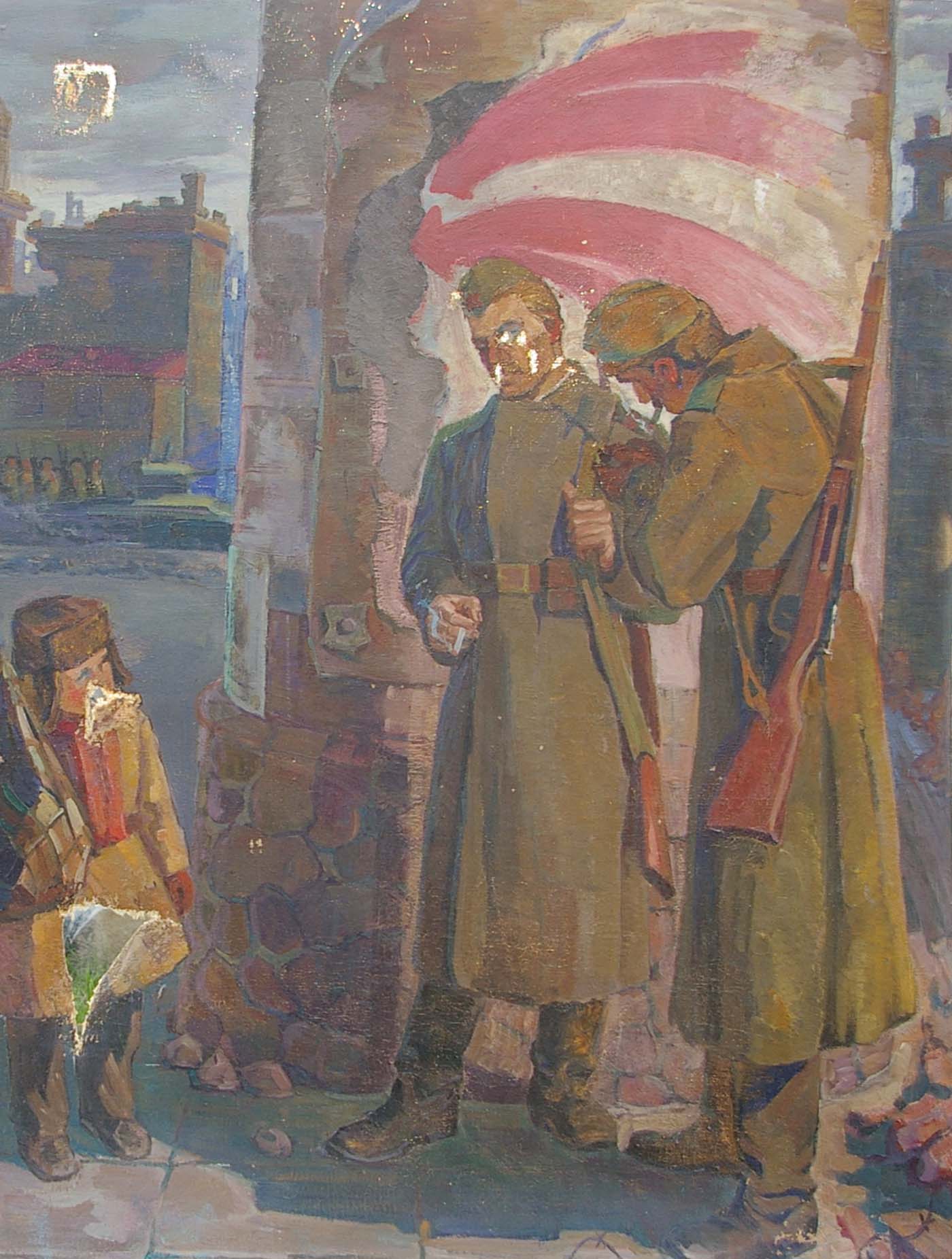 Oil painting by Bondar Ivan Ivanovich: soldiers under stone archway