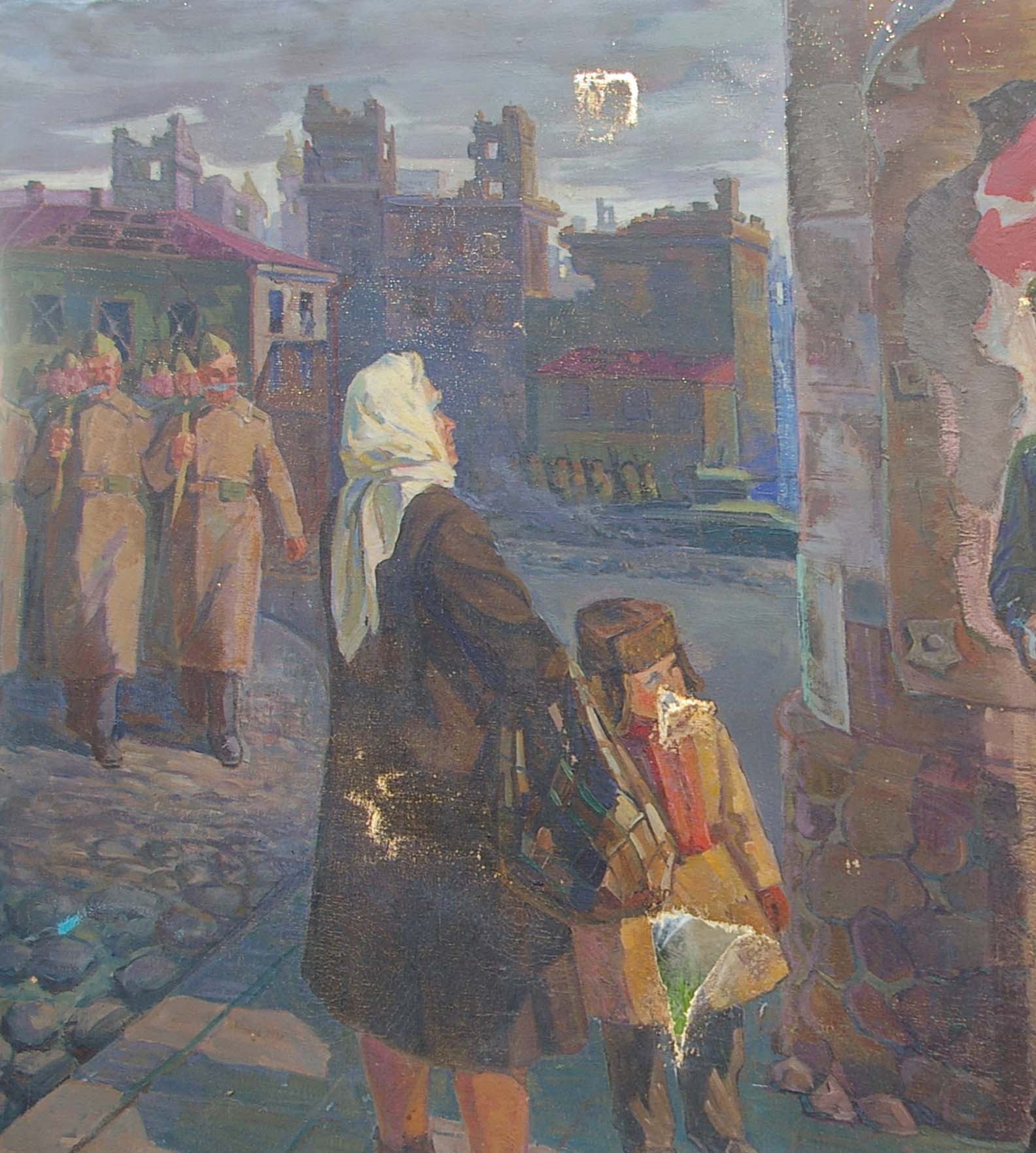 Oil painting by Bondar Ivan Ivanovich: woman in dark coat and white headscarf with child beside soldiers marching past ruins