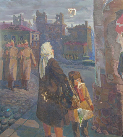 Oil painting by Bondar Ivan Ivanovich: woman in dark coat and white headscarf with child beside soldiers marching past ruins