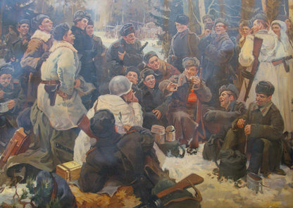 Oil painting of soldiers on vacation by unknown artist around campfire