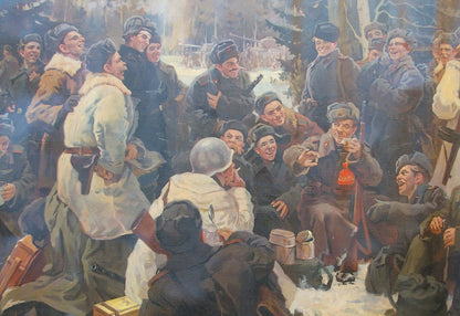 Oil painting of soldiers toasting with red-bottled liquor by campfire, unknown artist