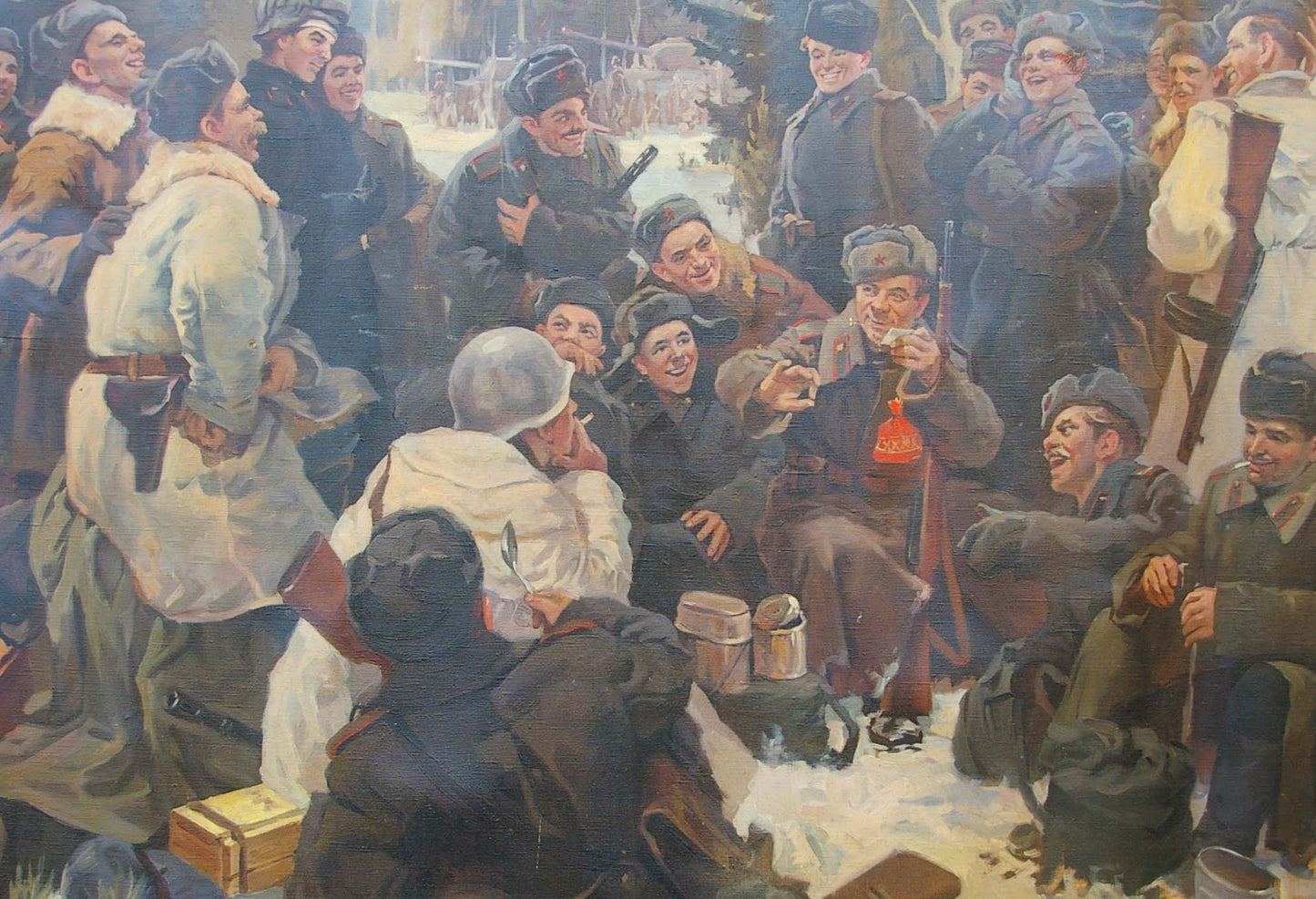 Oil painting of soldiers in winter uniforms around campfire by unknown artist