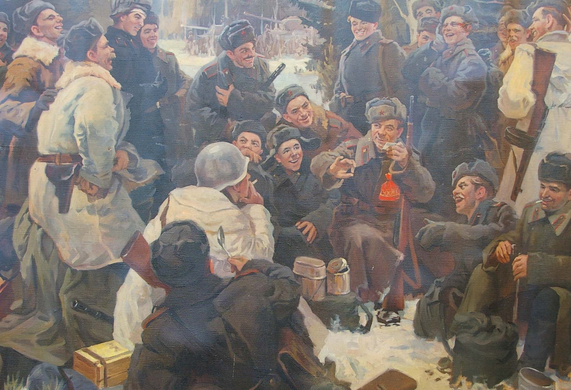 Oil painting of soldiers in winter uniforms around campfire by unknown artist