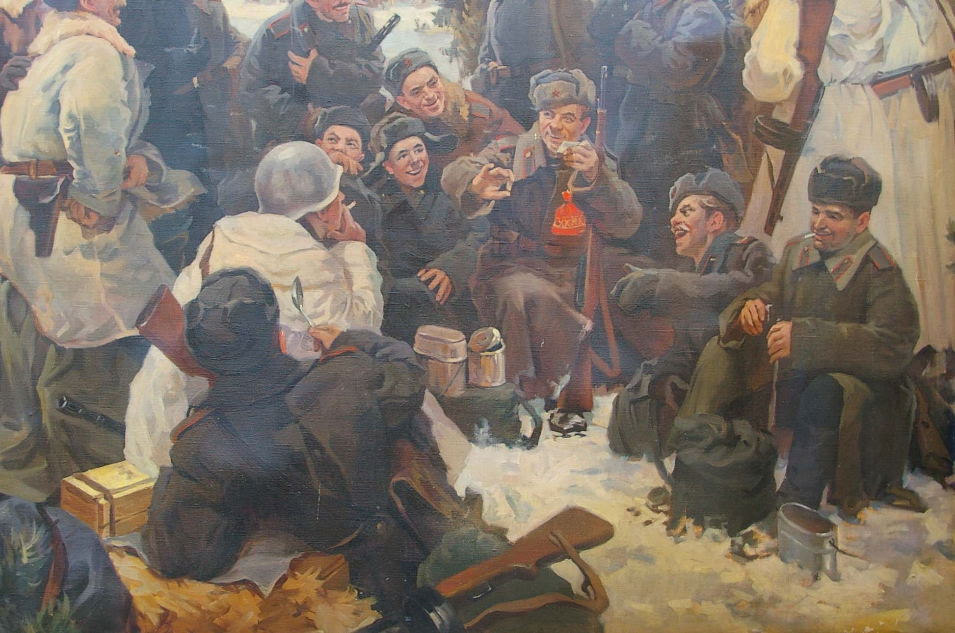 Oil painting of soldier holding red corked bottle in snowy gathering