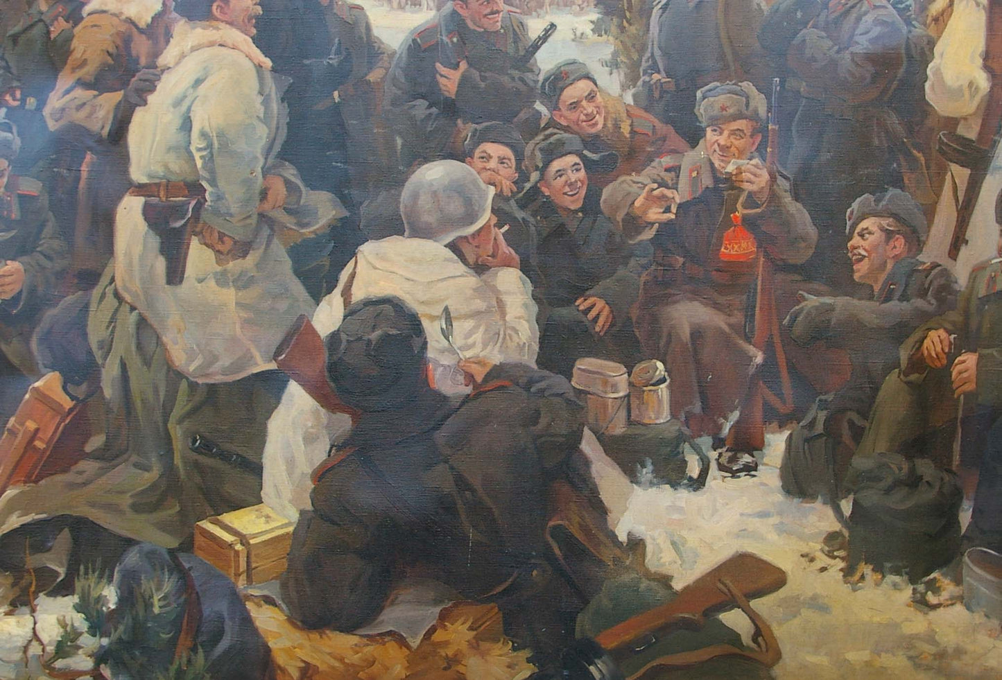 Oil painting of soldier holding red-bottled beverage on vacation