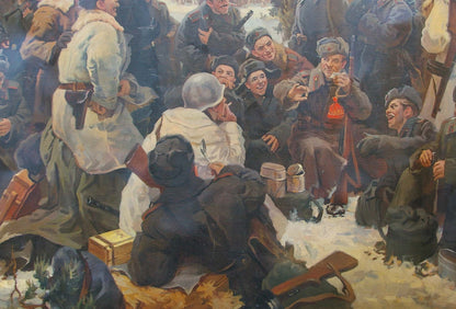 Oil painting of soldier holding red-bottled beverage on vacation