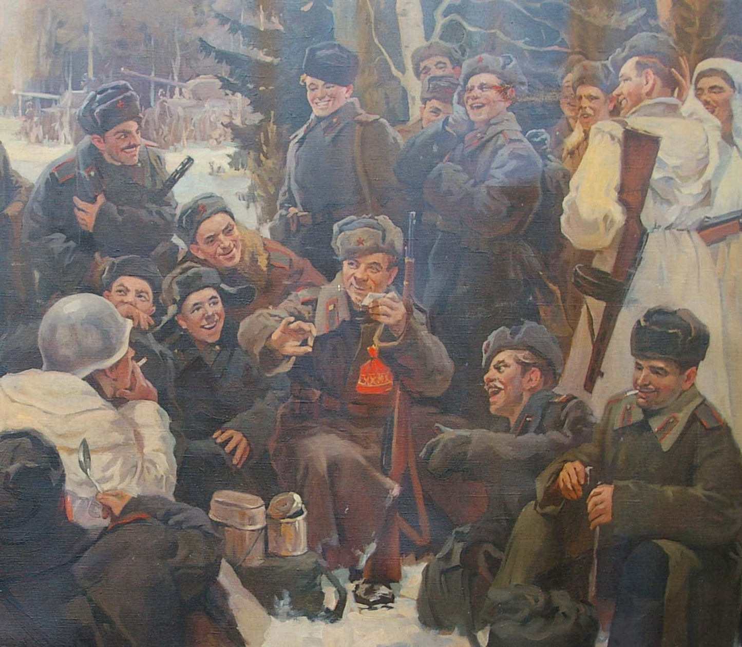 Oil painting of smiling soldiers on vacation holding red-bottled liquor with gold cap