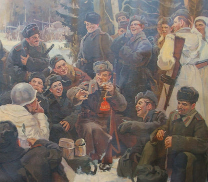 Oil painting of smiling soldiers on vacation holding red-bottled liquor with gold cap