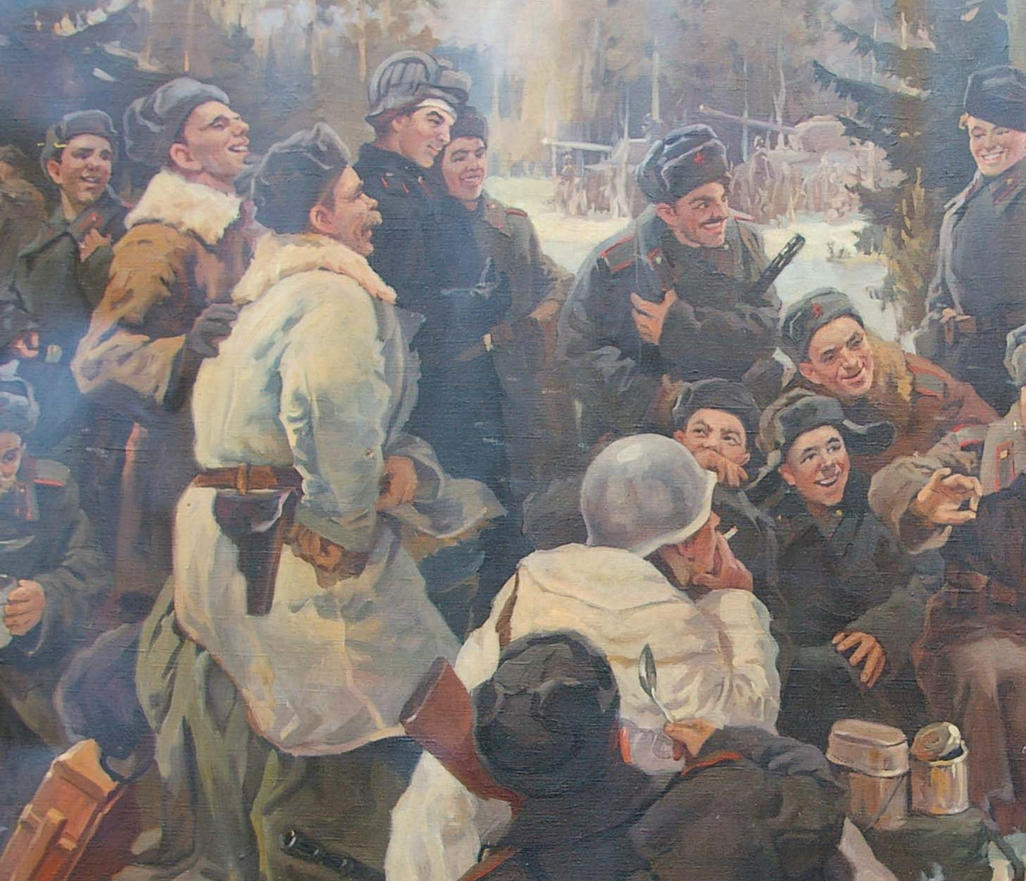 Vibrant oil painting of Soviet soldiers by campfire on vacation, unknown artist