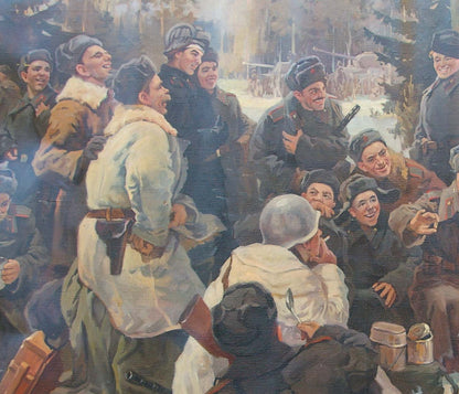 Vibrant oil painting of Soviet soldiers by campfire on vacation, unknown artist