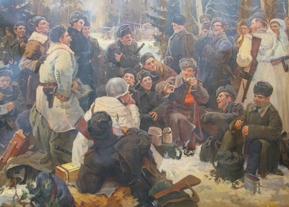 Oil painting of soldiers on vacation by campfire with thermos