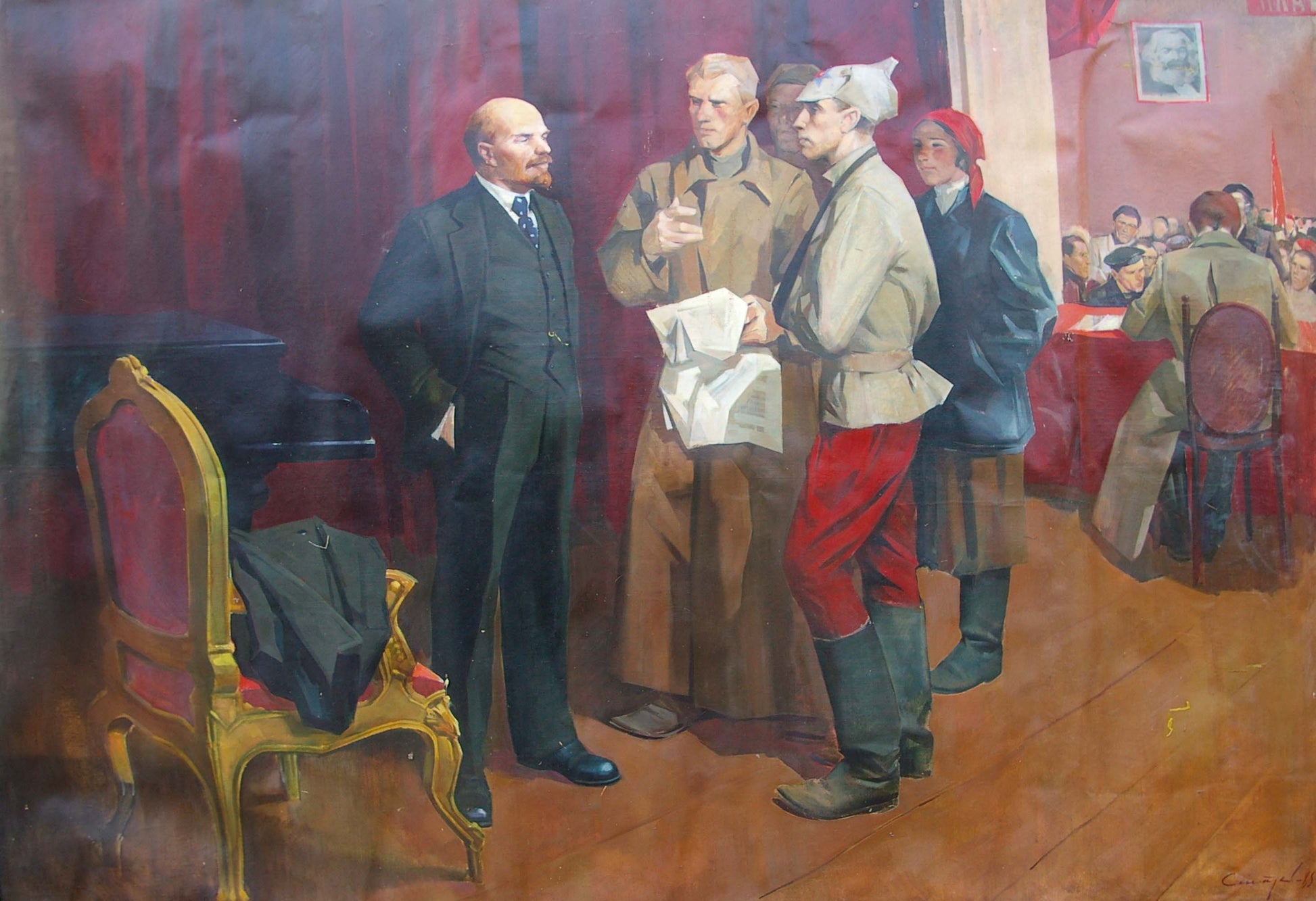 Oil painting of Lenin with Komsomol, men in period attire by curtains
