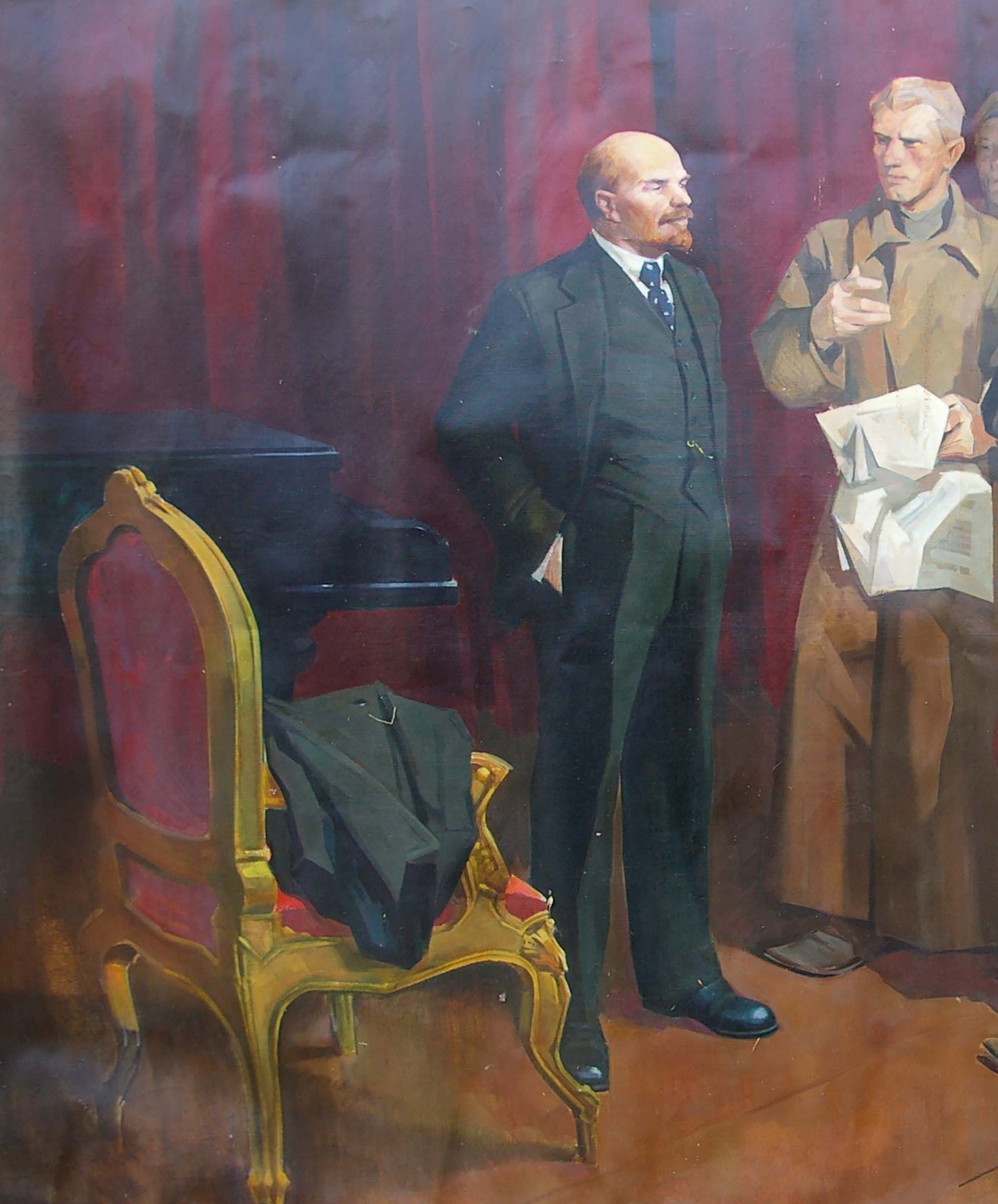 Oil painting of Lenin with Komsomol featuring gilded chair with red seat and green coat