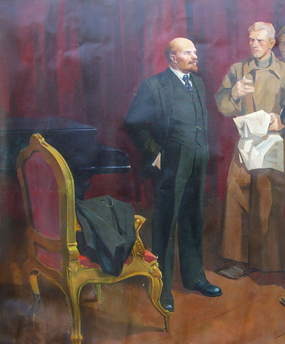 Oil painting of Lenin with Komsomol featuring gilded chair with red seat and green coat