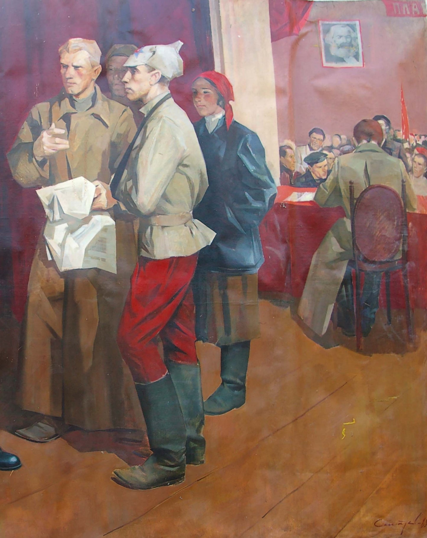 Oil painting of Lenin with Komsomol, Karl Marx portrait on red wall background