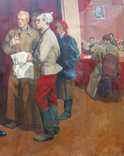 Oil painting of Lenin with Komsomol, Karl Marx portrait on red wall background