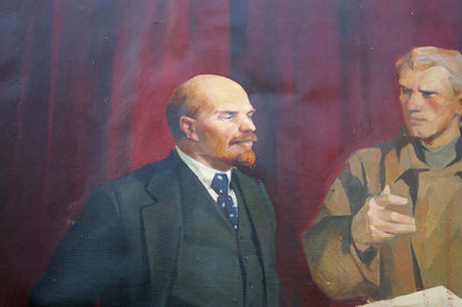 Oil painting of Lenin with Komsomol man in suit, red backdrop