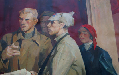 Oil painting of Lenin with Komsomol in military attire, muted tones