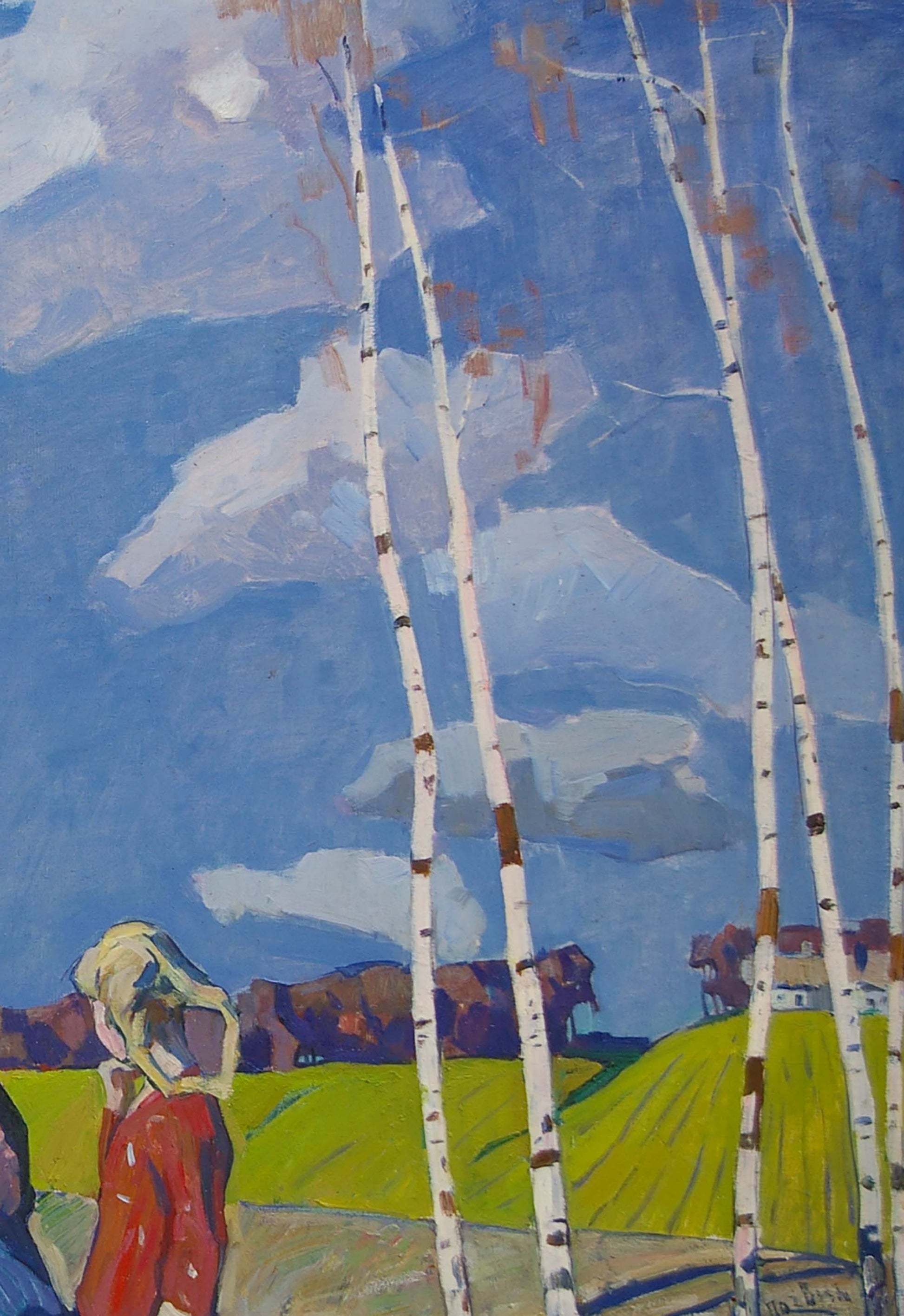 Oil painting of Lenin with children by Logvin Ivan Dmitrievich, birch trees, figure in red