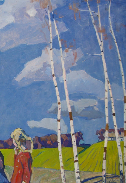 Oil painting of Lenin with children by Logvin Ivan Dmitrievich, birch trees, figure in red
