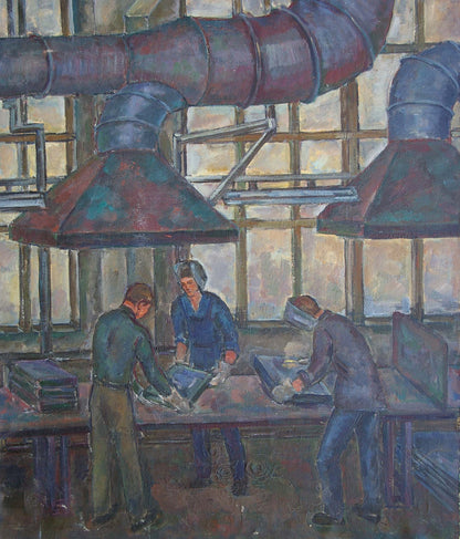 Oil painting by Gurvich Elena Iosifovna: factory workers under red blue ducts