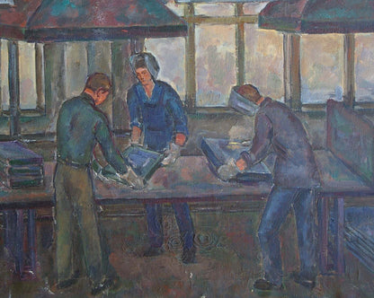 Oil painting by Gurvich Elena Iosifovna: schoolchildren in factory with workers