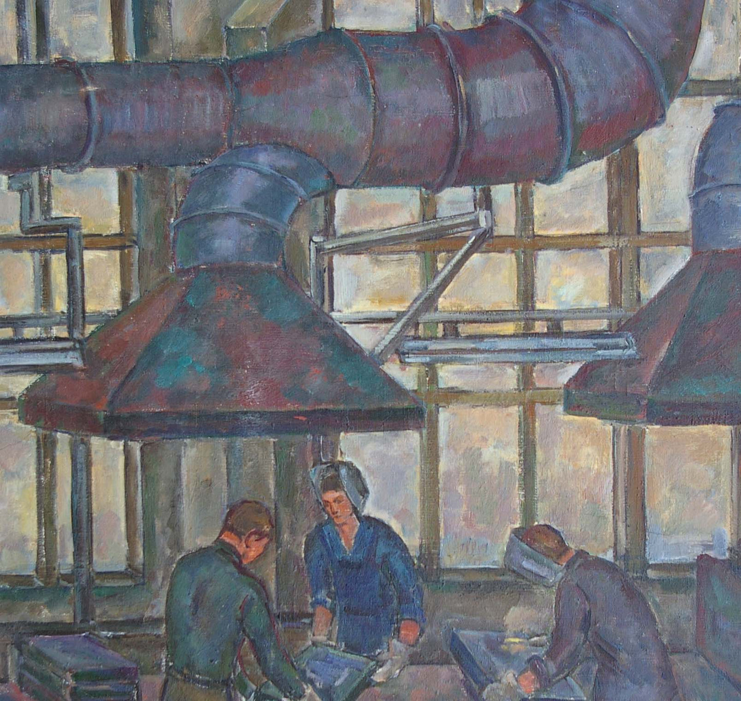 Oil painting by Gurvich Elena Iosifovna: rusted industrial ventilation ducts with conical hoods