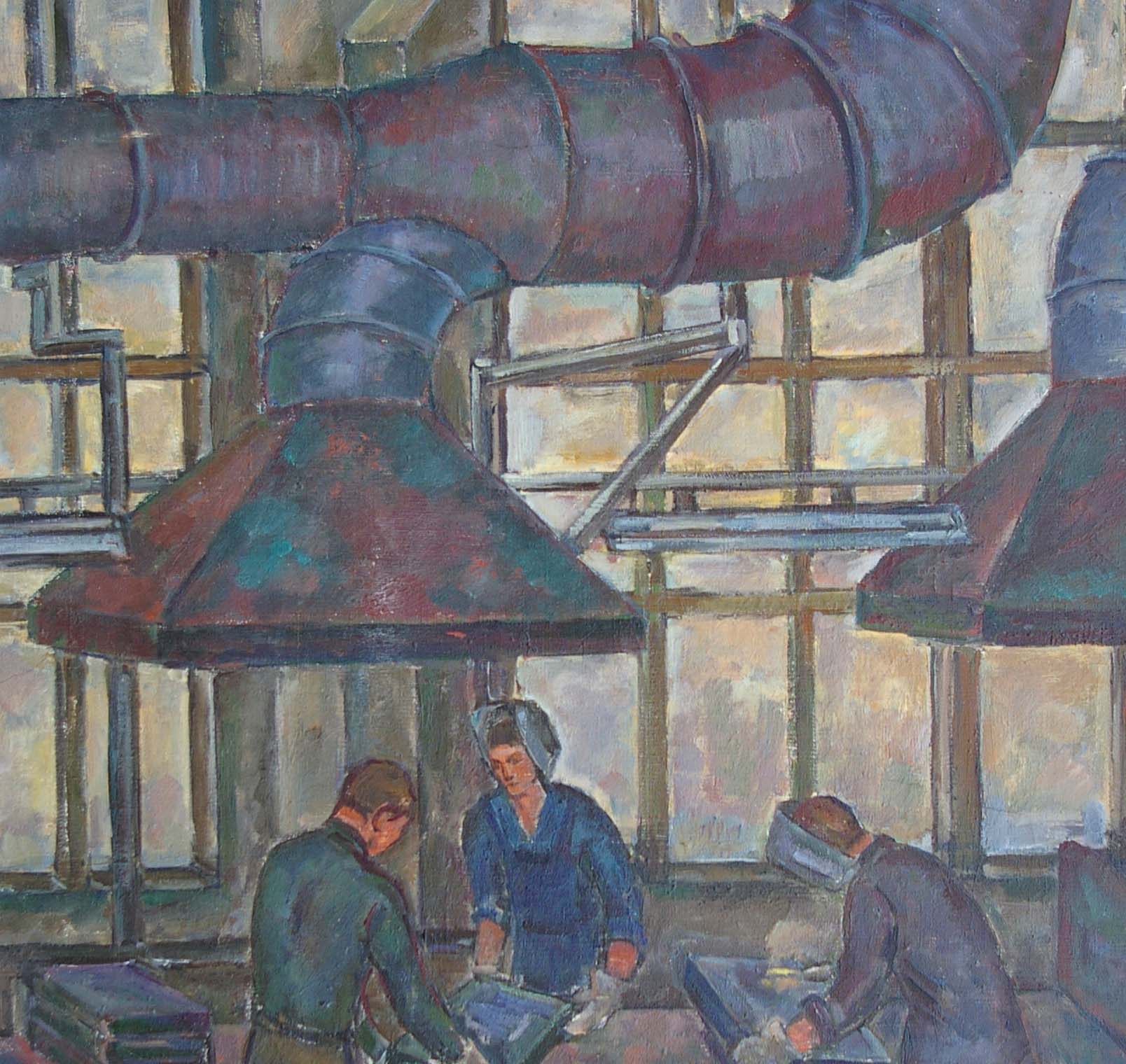Oil painting by Gurvich Elena Iosifovna: rusted industrial ventilation ducts with conical hoods
